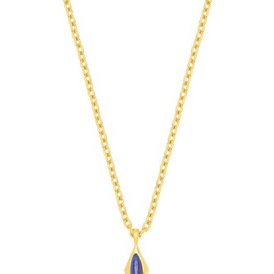 A gold chain necklace with a diamond-shaped pendant featuring a blue lapis stone