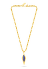 A gold chain necklace with a diamond-shaped pendant featuring a blue lapis stone