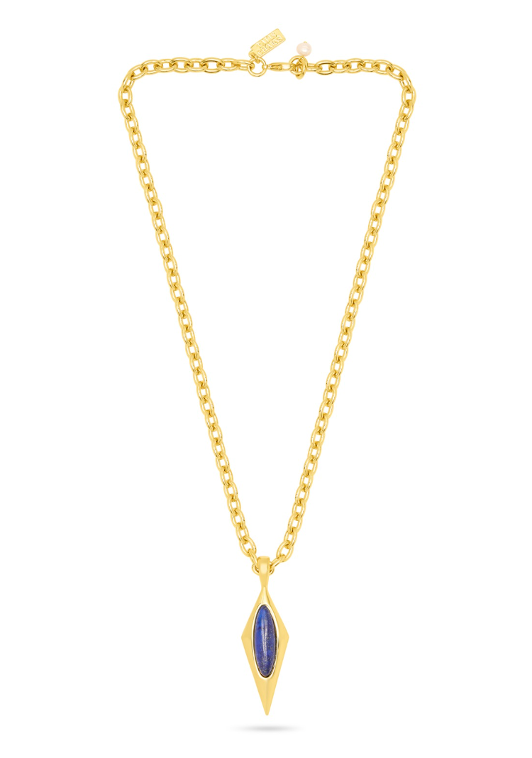 A gold chain necklace with a diamond-shaped pendant featuring a blue lapis stone