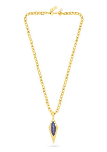 A gold chain necklace with a diamond-shaped pendant featuring a blue lapis stone