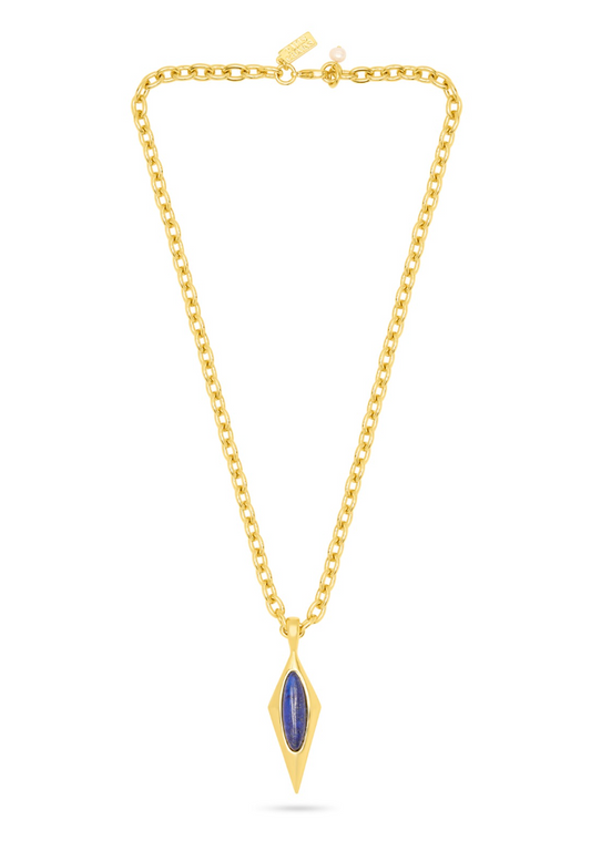 A gold chain necklace with a diamond-shaped pendant featuring a blue lapis stone