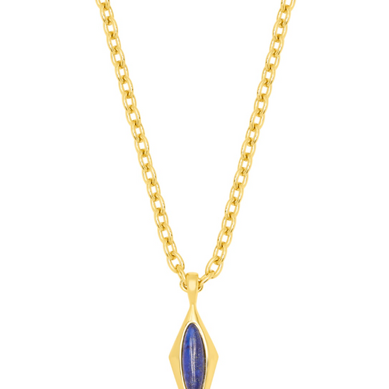 A gold chain necklace with a diamond-shaped pendant featuring a blue lapis stone