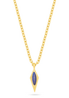 A gold chain necklace with a diamond-shaped pendant featuring a blue lapis stone