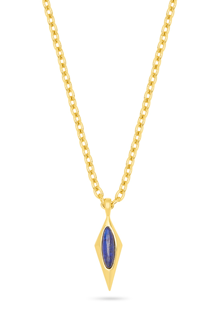 A gold chain necklace with a diamond-shaped pendant featuring a blue lapis stone