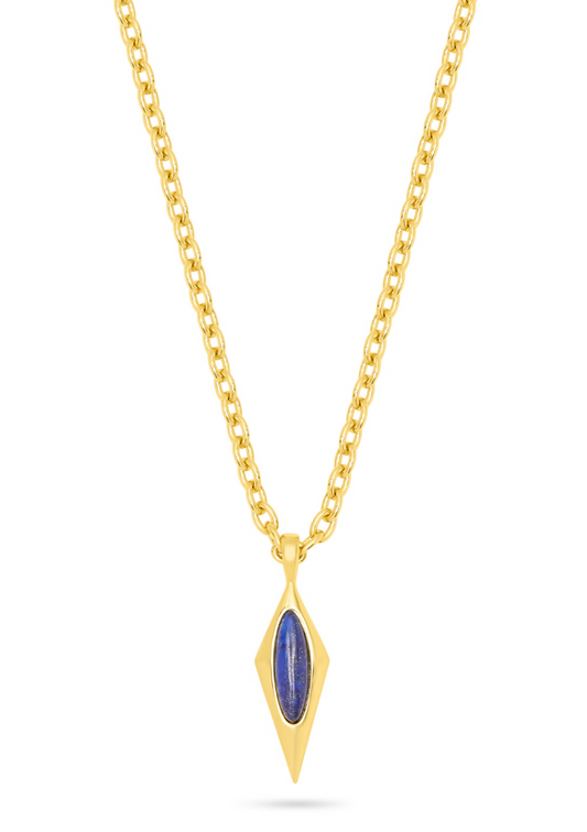A gold chain necklace with a diamond-shaped pendant featuring a blue lapis stone