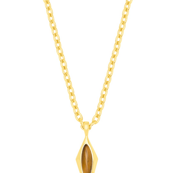 A gold chain necklace with a diamond-shaped pendant featuring a tigers eye stone