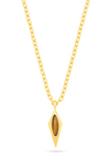 A gold chain necklace with a diamond-shaped pendant featuring a tigers eye stone