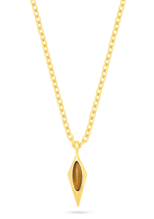 A gold chain necklace with a diamond-shaped pendant featuring a tigers eye stone
