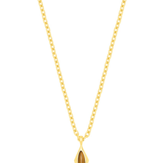 A gold chain necklace with a diamond-shaped pendant featuring a tigers eye stone