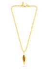 A gold chain necklace with a diamond-shaped pendant featuring a tigers eye stone