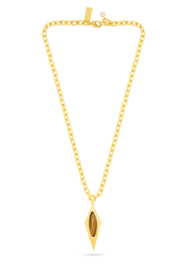 A gold chain necklace with a diamond-shaped pendant featuring a tigers eye stone