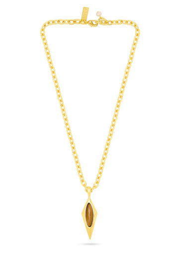A gold chain necklace with a diamond-shaped pendant featuring a tigers eye stone