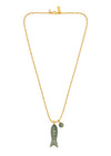 chunky gold chain with a green fish pendant