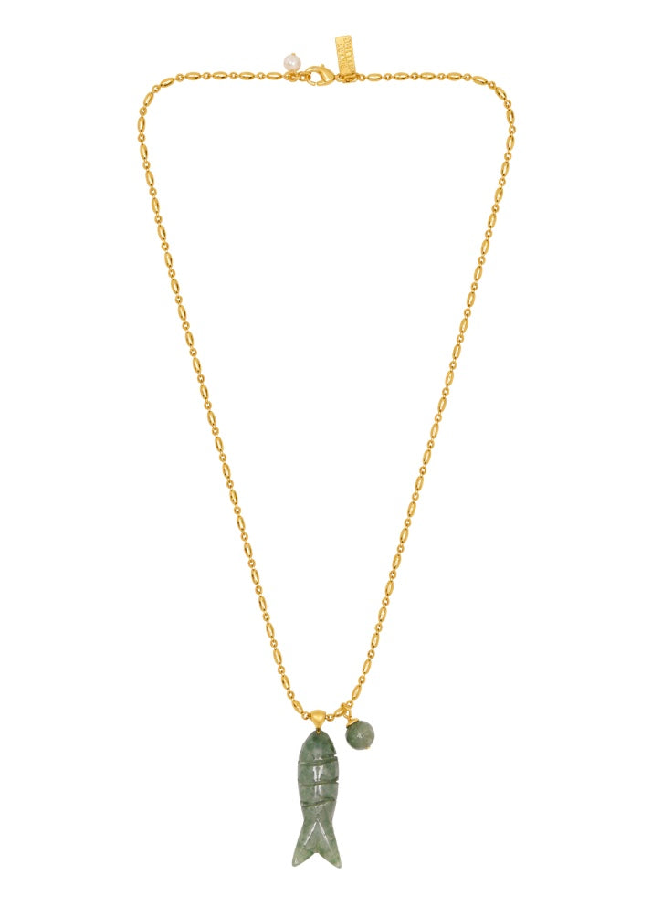chunky gold chain with a green fish pendant