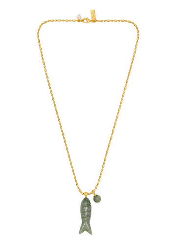 chunky gold chain with a green fish pendant