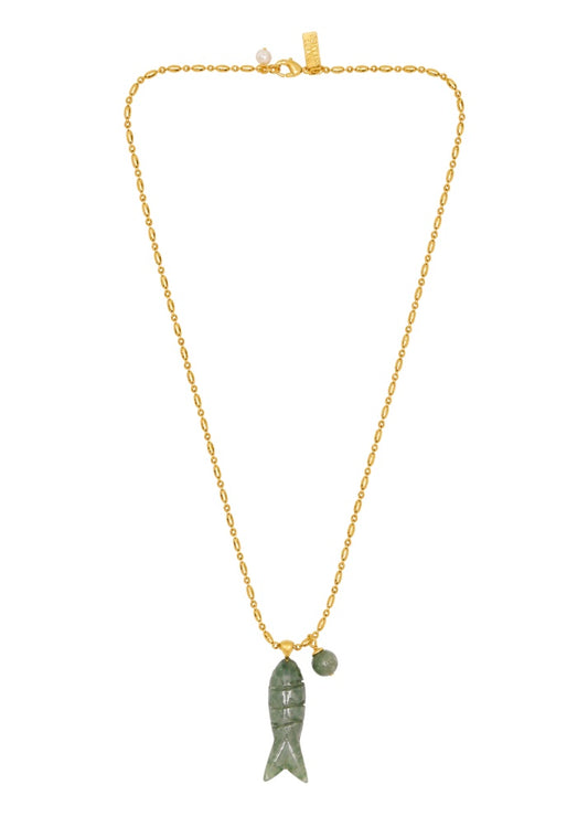 chunky gold chain with a green fish pendant