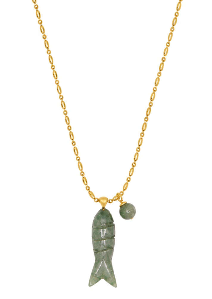 chunky gold chain with a green fish pendant