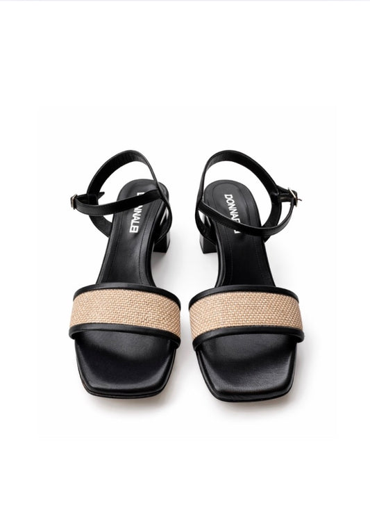black heeled sandal with raffia detail across toe