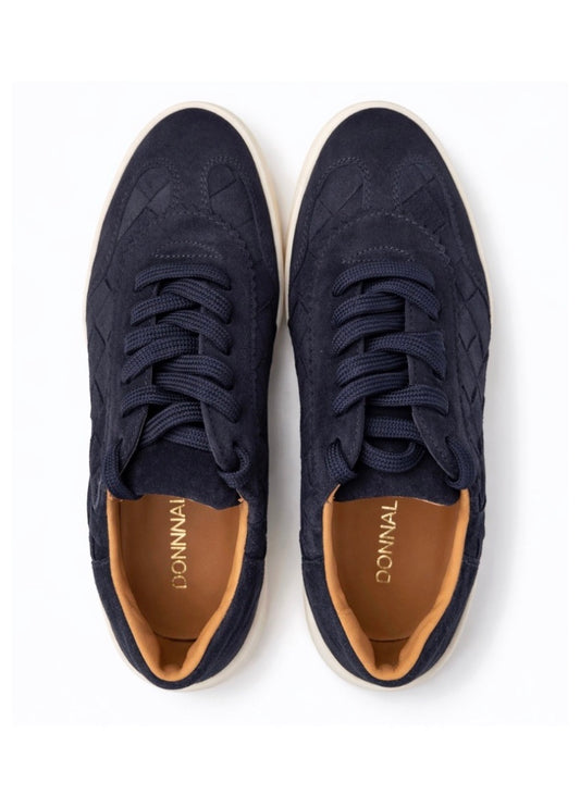navy suede woven trainer with platform white sole