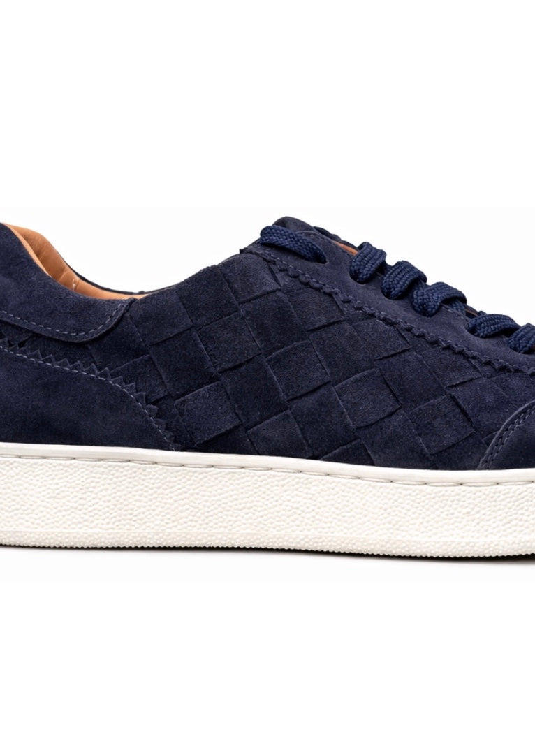 navy suede woven trainer with platform white sole