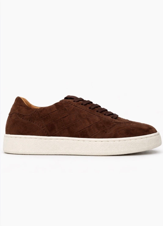 choclate brown woven trainer with white chunky sole