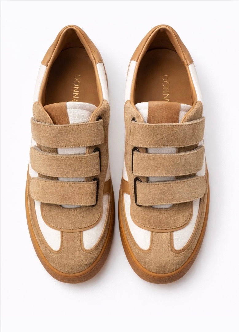 tan suede and white leather trainers with velcro straps 