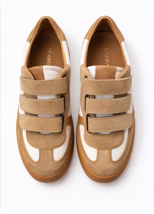 tan suede and white leather trainers with velcro straps 