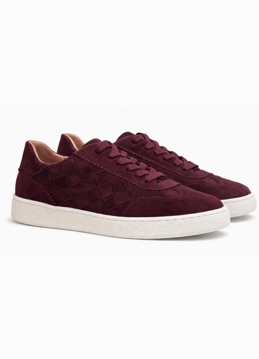 burgundy woven trainer with white chunky sole