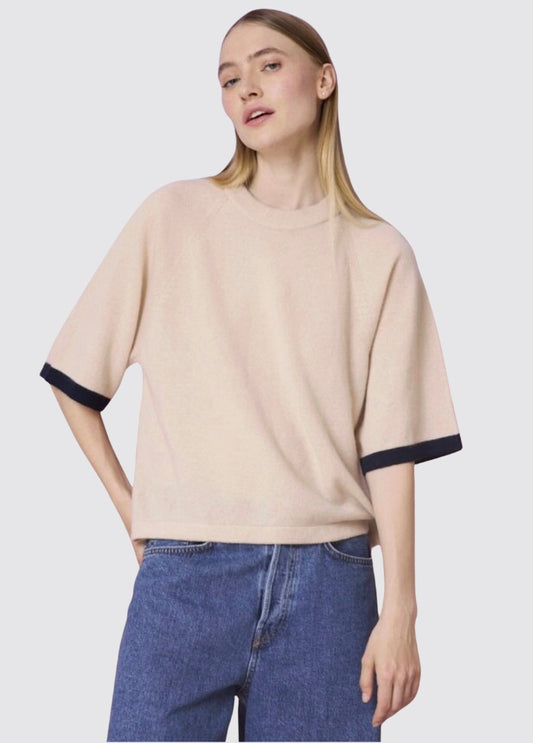 womens short sleeved shell cashmere jumper with navy trim