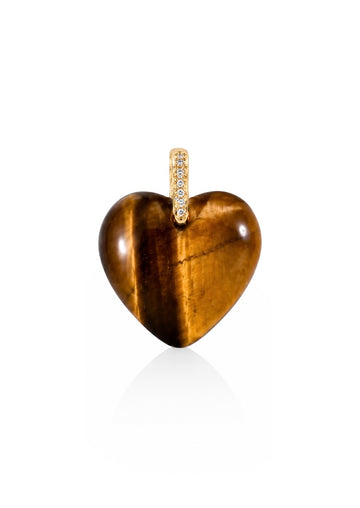 A heart-shaped pendant made of polished tiger's eye stone with a gold bail set with small clear stones, shown on a clean white background.