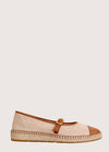 Beige flat shoe with tan cap-toe and woven sole 