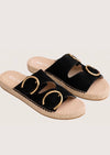 Black suede sandal with gold buckles and an espadrille sole 