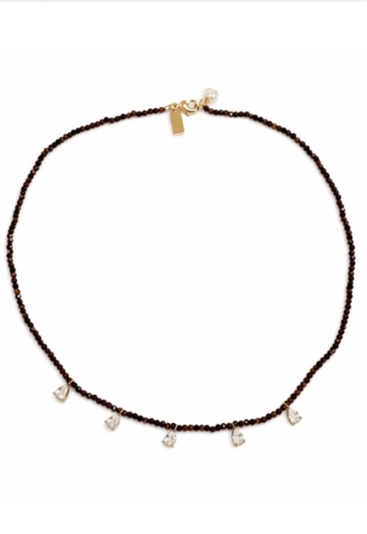 Beaded Necklace With CZ Drop Tiger's Eye