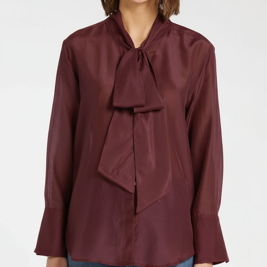 burgundy sheer top with pussy bow neck tie