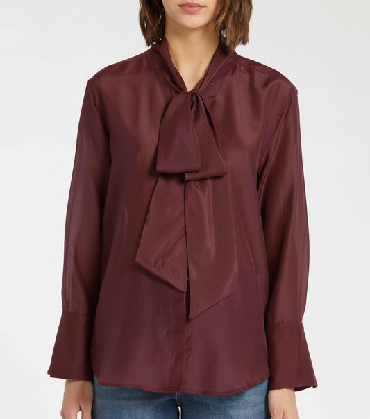 burgundy sheer top with pussy bow neck tie