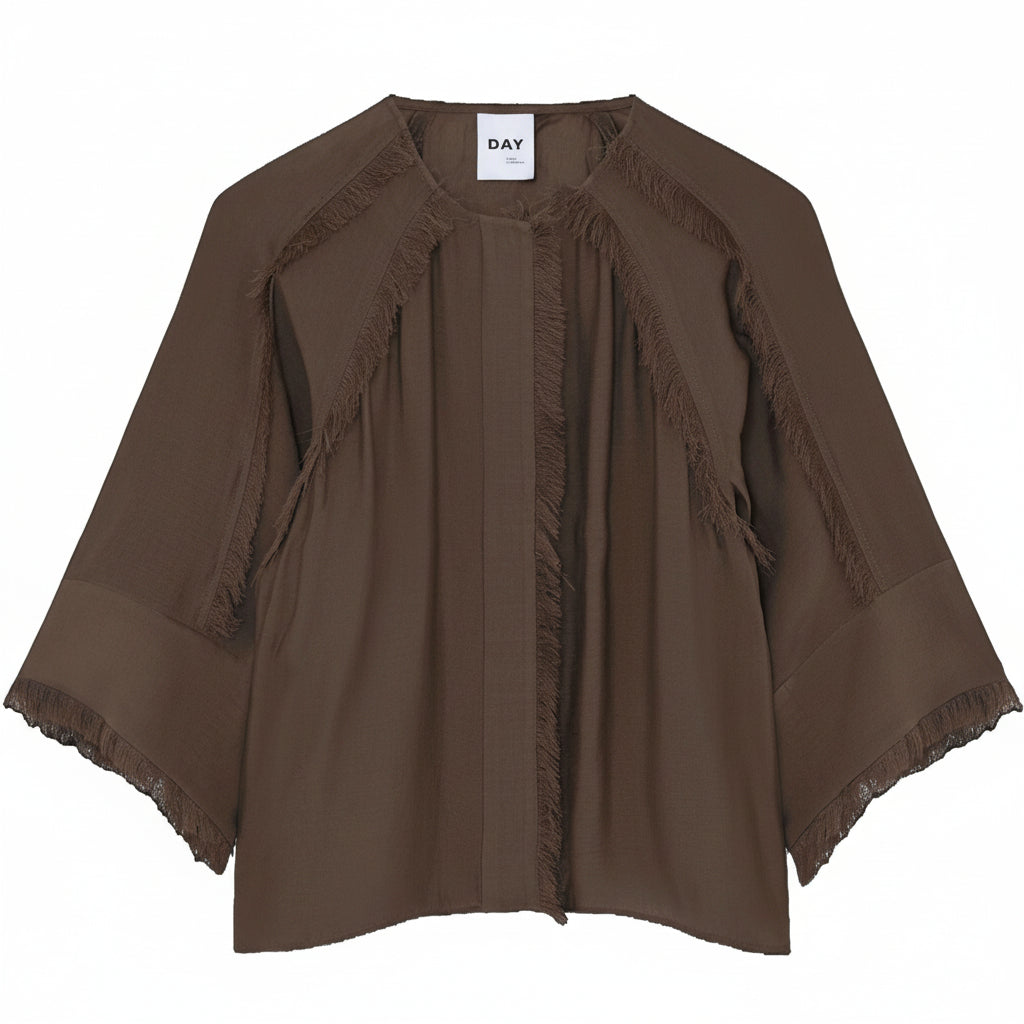 round neck light choclate shirt with fringe detail and 3/4 sleeves