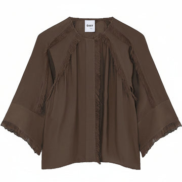 round neck light choclate shirt with fringe detail and 3/4 sleeves