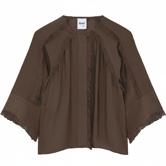round neck light choclate shirt with fringe detail and 3/4 sleeves