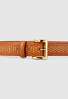 tan belt with gold studs and buckle