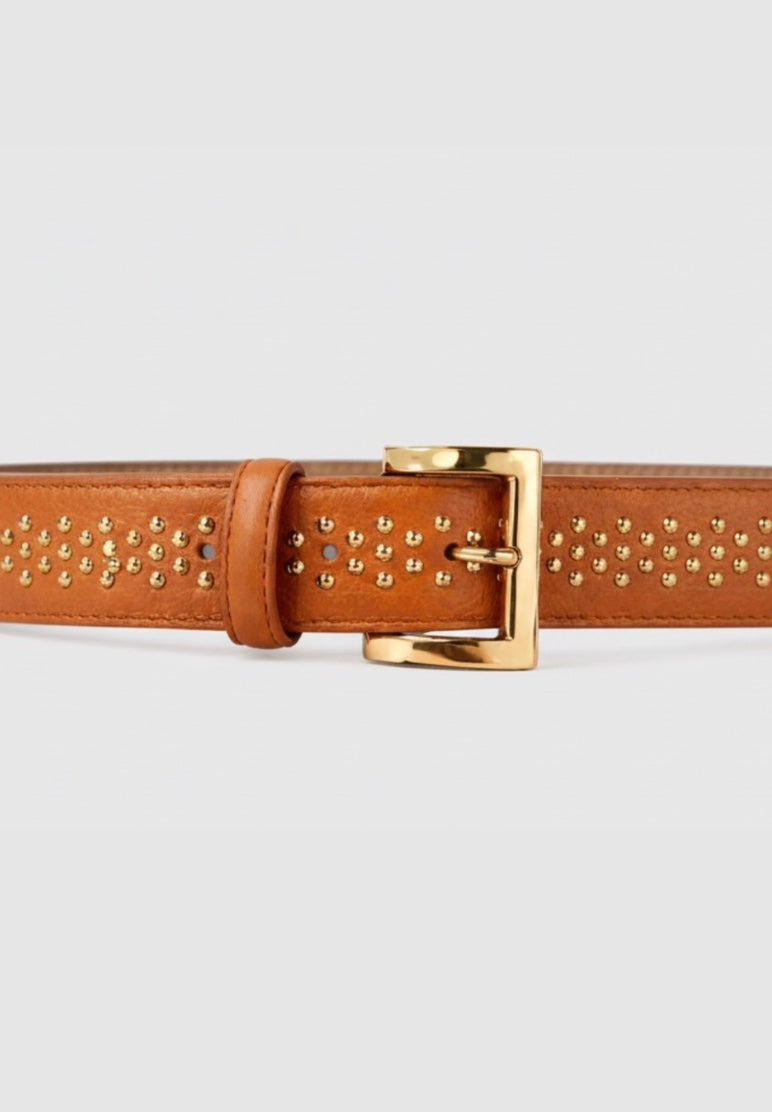 tan belt with gold studs and buckle