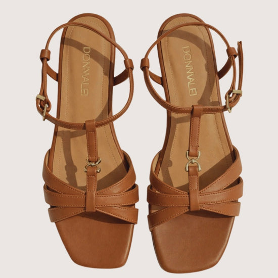 Pair of brown strappy sandals on a light gray background