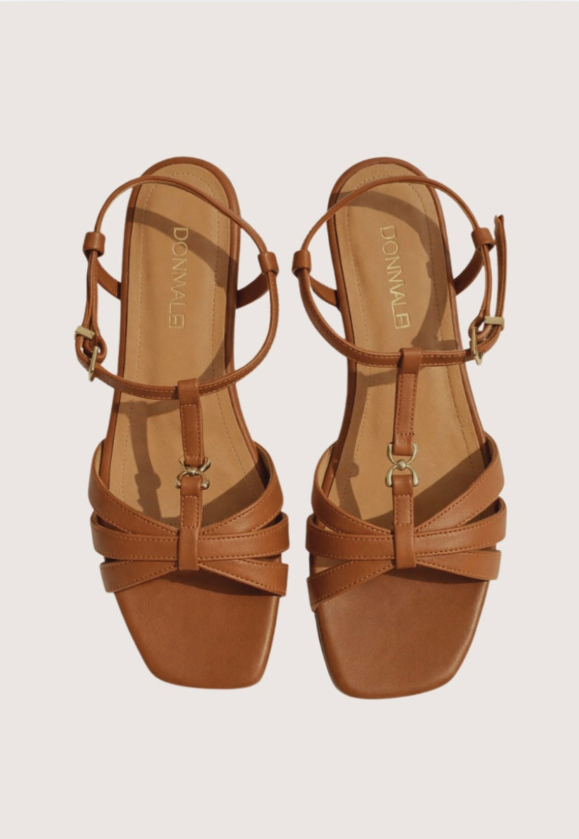 Pair of brown strappy sandals on a light gray background