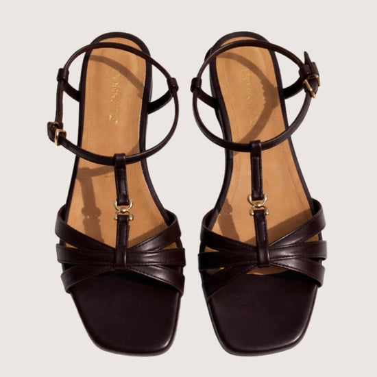 Pair of brown strappy sandals on a light gray background
