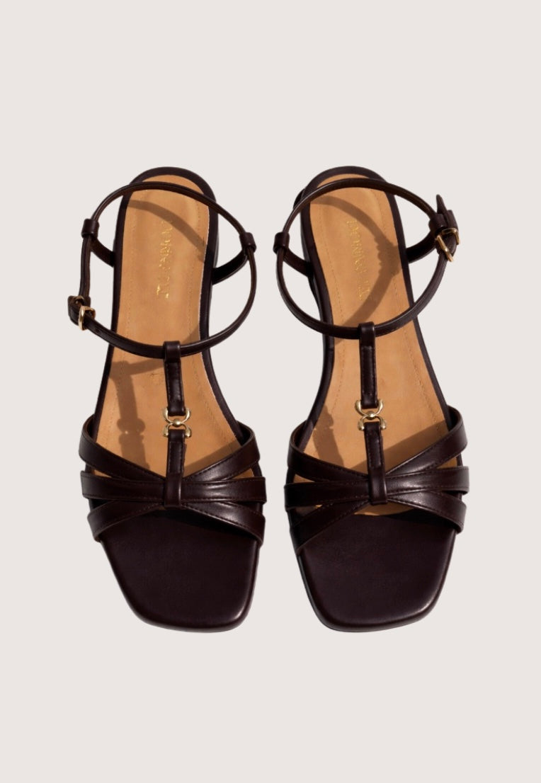 Pair of brown strappy sandals on a light gray background