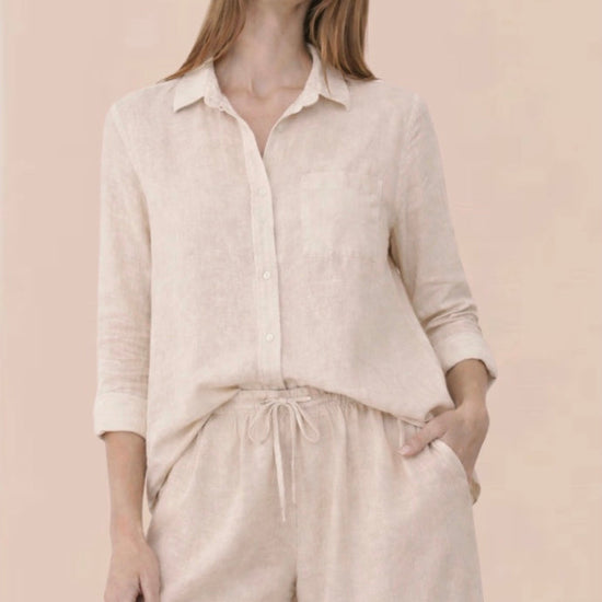 ladies sand coloured linen button down  shirt