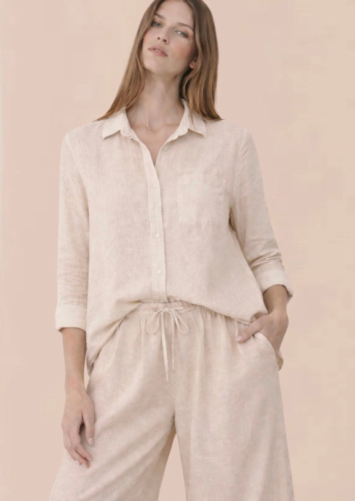 ladies sand coloured linen button down  shirt