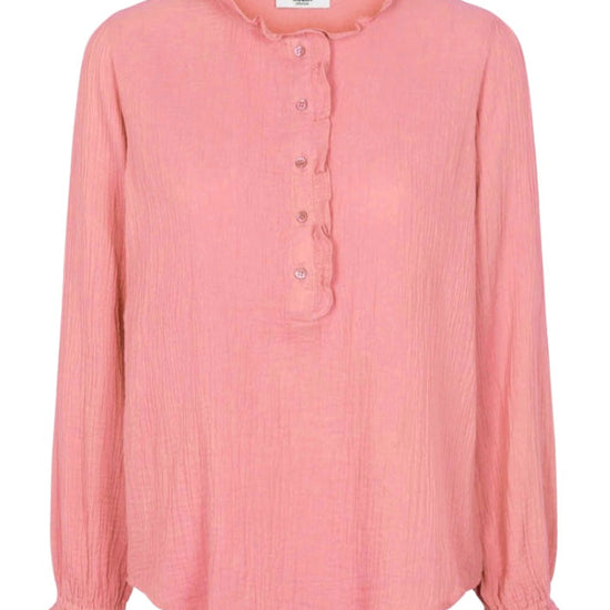 Pink cotton long sleeve shirt with ruffle neckline