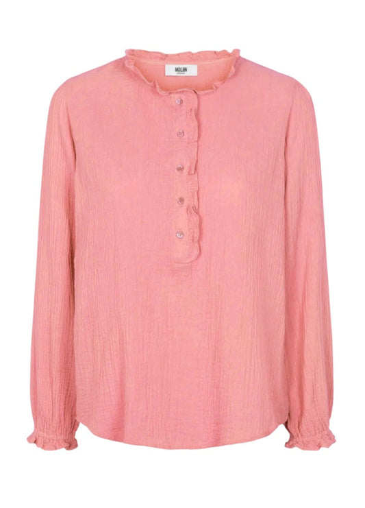 Pink cotton long sleeve shirt with ruffle neckline