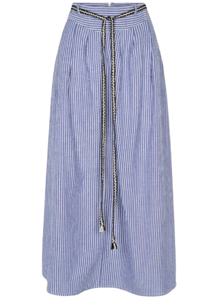 Blue and white striped skirt with a chain detail on a white background