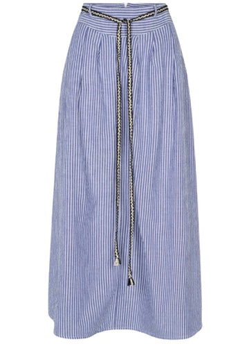 Blue and white striped skirt with a chain detail on a white background